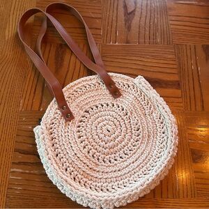 Round Crochet Tote Bag Blush Cream Leather Handles Zip Boho Beach Summer Purse s